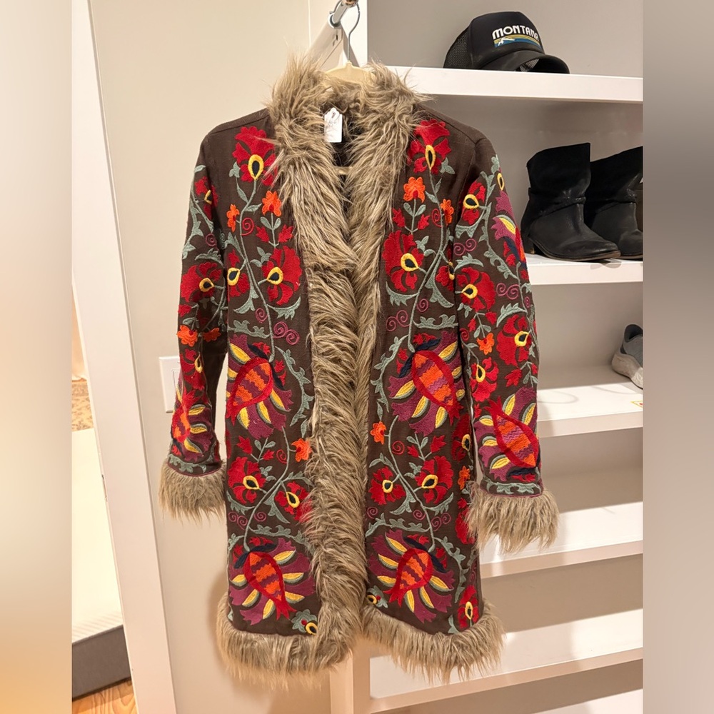 Embroidered “Almost Famous” Floral Coat with Faux Fur Trim